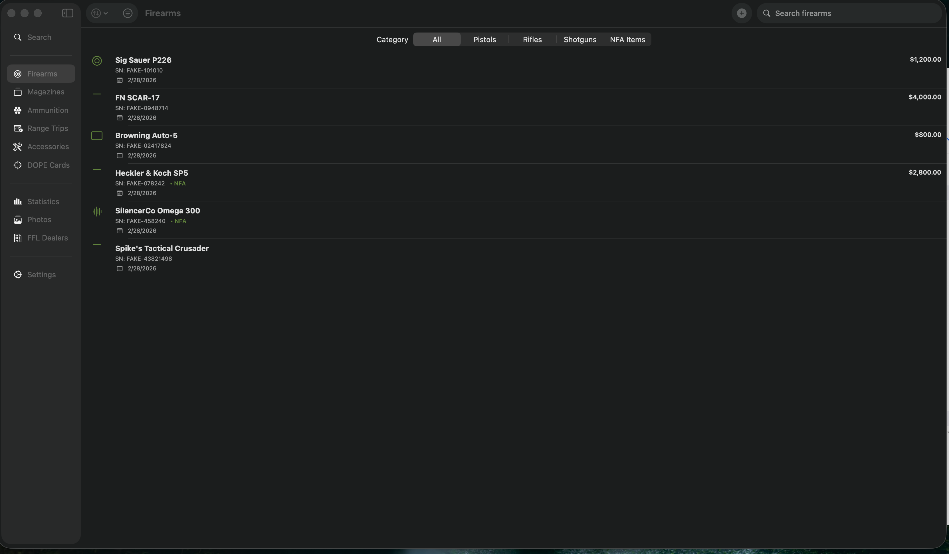 Mac — Firearms list with sidebar navigation and category filters